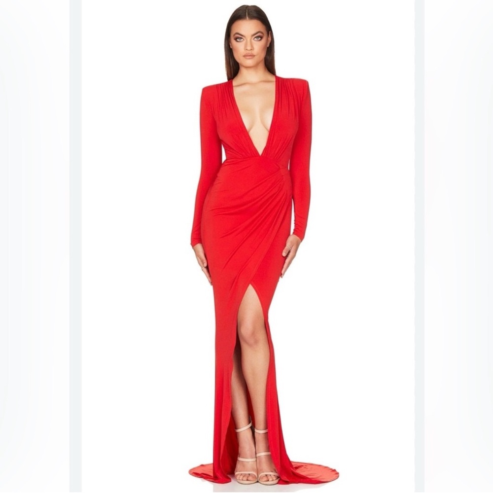 Nookie Red Deep-V Long Sleeve Maxi Gown